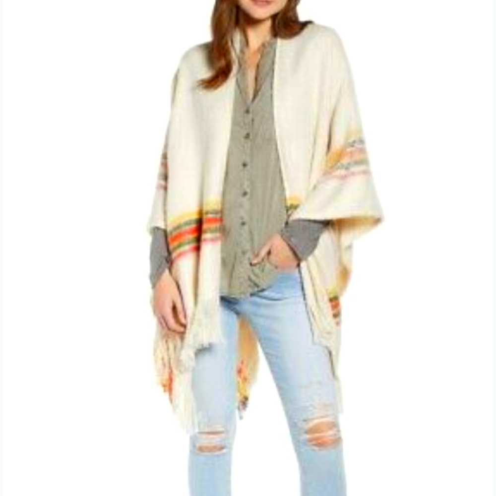 Free People Cream Knit Poncho Sweater